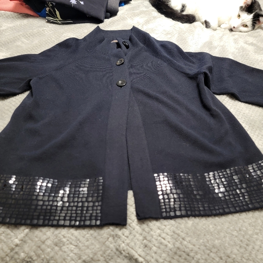 Dana Buckman Embellished Mock Neck Buttoned Black Cardigan Size L